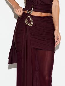 KIZN Ruched Bodycon Maxi Skirt With Gold Metal Brooch Detail And Draped Overlay For Evening Party Occasion - Red - View 4