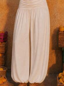 Zerodot Women Beige Balloon Fit Low Foldover Waist Pants Casual Daily Spring Fall - Apricot - View 6