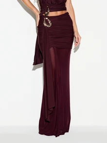 KIZN Ruched Bodycon Maxi Skirt With Gold Metal Brooch Detail And Draped Overlay For Evening Party Occasion - Red - View 1
