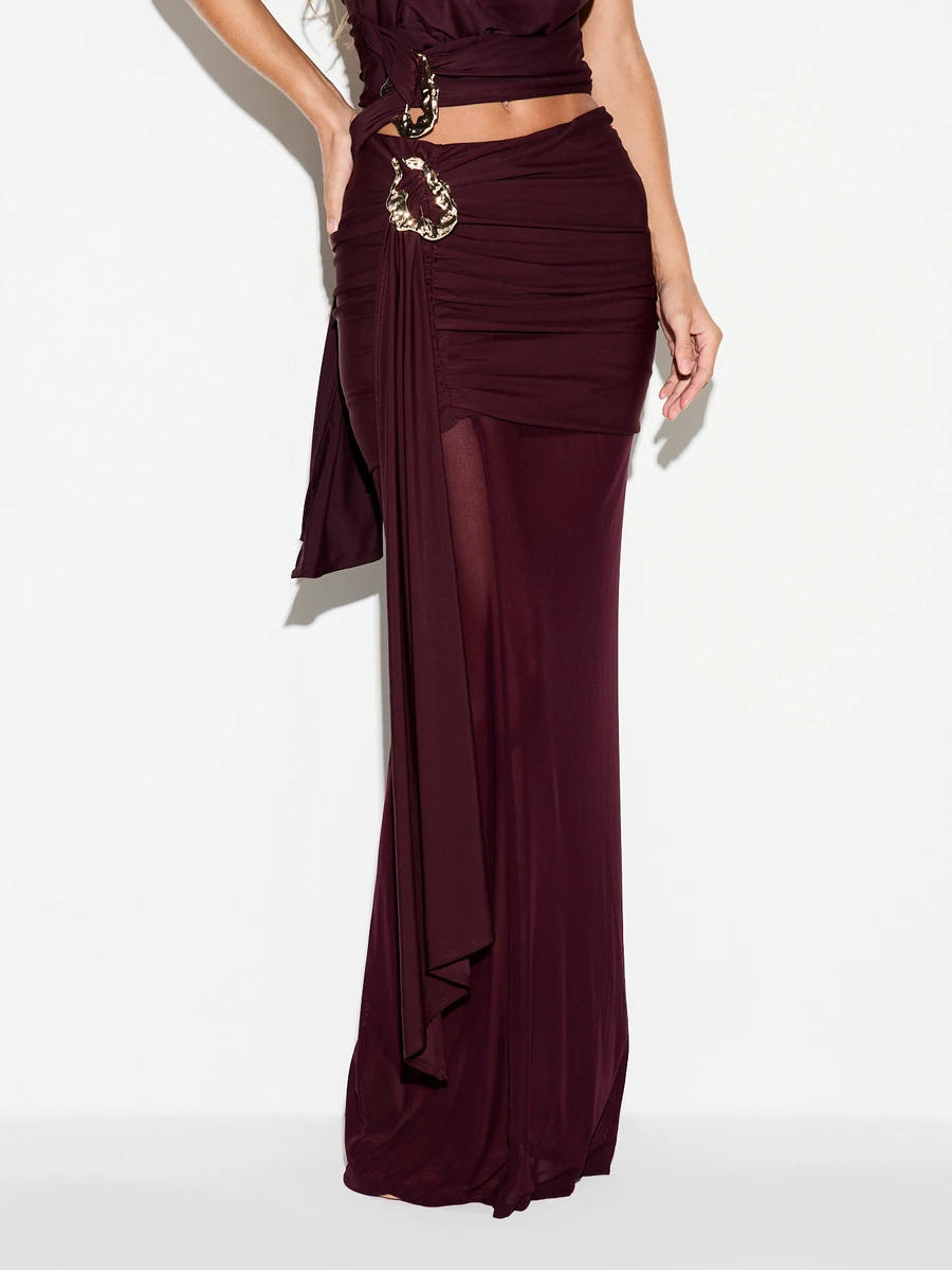 KIZN Ruched Bodycon Maxi Skirt With Gold Metal Brooch Detail And Draped Overlay For Evening Party Occasion - Red - View 1