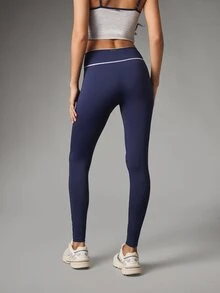 Missguided x Playboy High Rise Full Length Leggings With Contrast White Piping And Logo Waistband Crossover Detail Seamless Stretch - Blue - View 3
