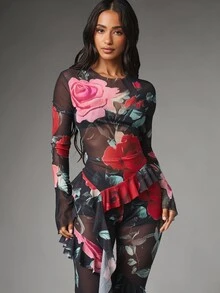 MISSGUIDED Sheer Mesh Floral Rose Print Long Bell Sleeve Crew Neck High-Low Ruffle Hem Blouse Top Valentine Date Night Party - Multicolor - View 4