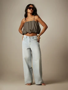 MISSGUIDED 泡泡下擺短版細肩帶背心上衣，方領飄逸短版背心，夏季音樂節度假上衣 - 深灰色 - 查看 3
