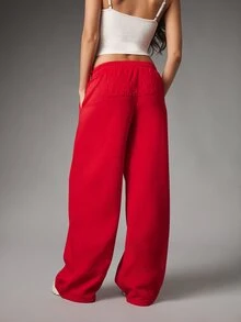 Missguided x Playboy Wide Leg Sweatpants With Embossed Logo Waist Casual Loose Fit Full Length Drawstring Jogger Pants - Red - View 1