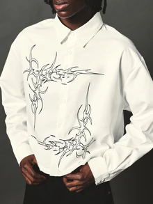 SUMWON Abstract Graphic Print Long Sleeve Oversized Button-Up Collared Shirt With Point Collar And Full Front Design - White - View 4