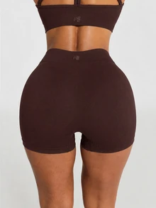 11SKNDS High Rise Seamless Cycling Shorts With Ribbed Panel Detail And Logo Waistband Sweat-Wicking, Stretchy, Quick-Dry, Tummy Control & Sculpting, For Gym Workout Yoga Pilates Studio Summer, Running, Training & Hy-Rox - Chocolate Brown - View 2