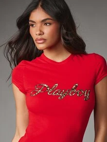 Missguided x Playboy Gaun Mini Bodycon Motif Leopard dengan Logo Tulisan, Lengan Pendek, Kerah Bulat, Bahan Jersey Elastis, Cocok untuk Pesta, Festival, dan Acara Malam Musim Panas. - Merah ceri - View 2