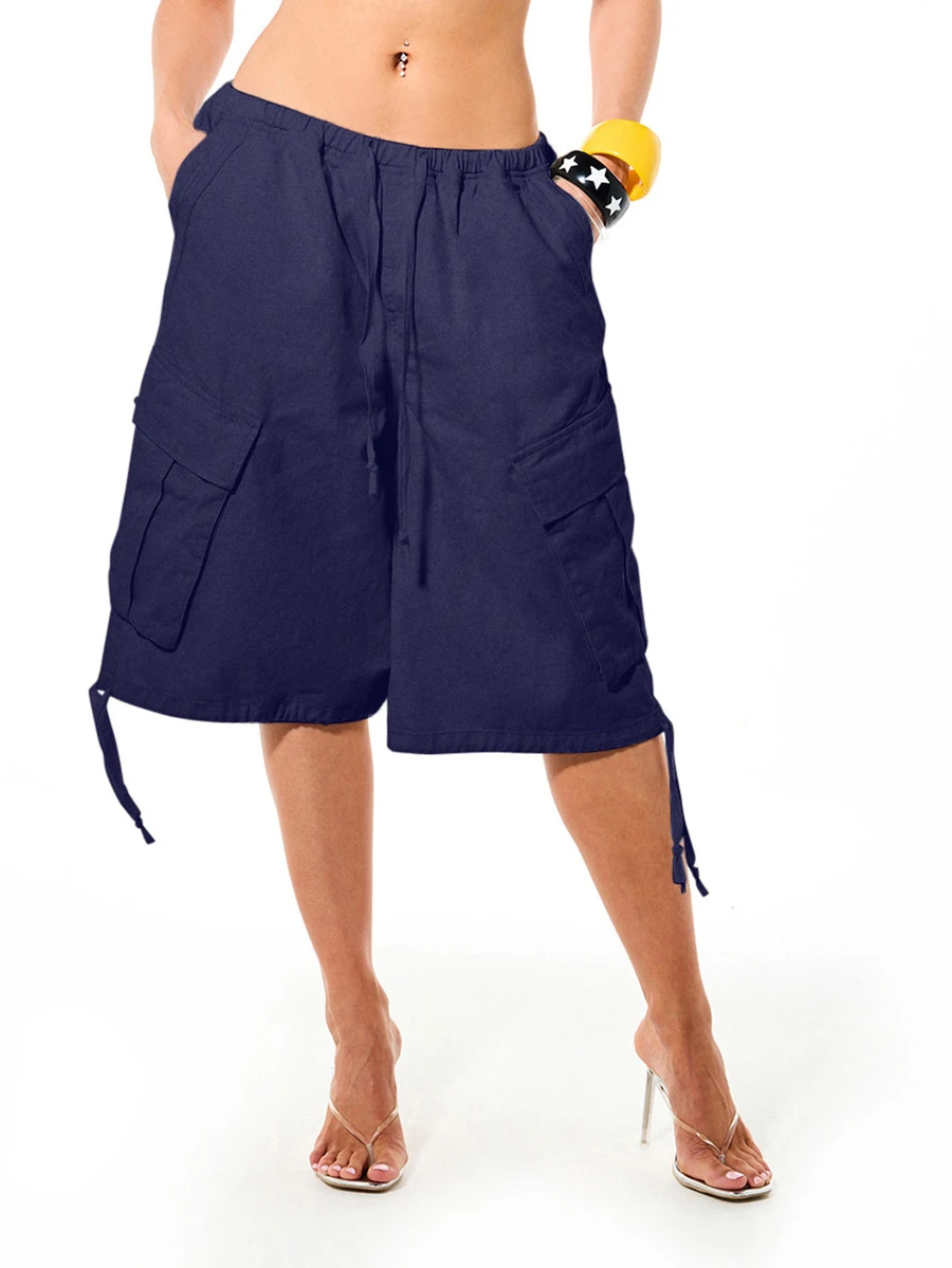 SUMWON WOMEN Cargo Bermuda Shorts With Elastic Waist Drawstring Tie Hem Side Pockets Holiday Casual Cropped - Navy Blue - View 1