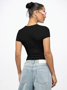 SUMWON WOMEN Video Vixen Gold Script Graphic Crop Top Short Sleeve Round Neck Fitted Cotton Slim Fit Tee Summer Festival Concert Party - Black - View 2