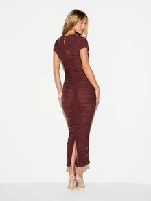 KIZN Ruched Mesh Bodycon Midaxi Dress With Cap Sleeve High Neck And Keyhole Cut-Out Detail For Party Evening - Brown - View 2