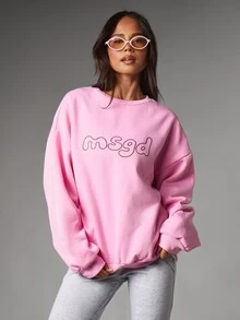 MISSGUIDED Oversized Crew Neck Sweatshirt With Chain Stitch Logo Embroidery Long Sleeve Casual Pullover Top - Pink - View 1