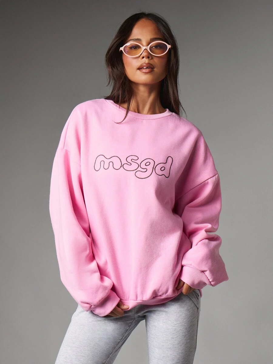 MISSGUIDED Oversized Crew Neck Sweatshirt With Chain Stitch Logo Embroidery Long Sleeve Casual Pullover Top - Pink - View 1