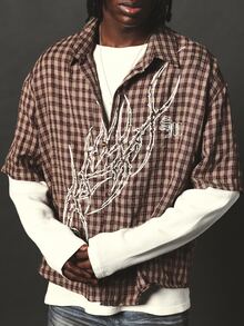 SUMWON Oversized Plaid Short Sleeve Button-Up Shirt With Dragon Graphic Print And Brand Logo Detail Fall Street Style - Brown - View 5