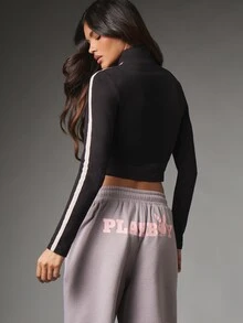 Missguided x Playboy Bunny Logo Cropped Track Top Full Zip High Neck Long Sleeve Contrast Side Stripe Detail Fitted Crop Jacket - Black - View 3