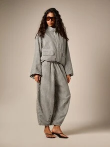AiiRZ Gingham Check Balloon Leg Trousers With Elasticated Ankles And Relaxed Draped Silhouette For Summer And Resort Wear - Brown - View 2