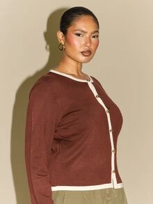 FASHION SZN Plus Size Contrast Tip Detail Cardigan Autumn Winter Fashion Elegant Chic Fall Clothes For Women Curve Knitwear Fall Chic Classy Smart Chocolate Brown Knitwear - Coffee Brown - View 4
