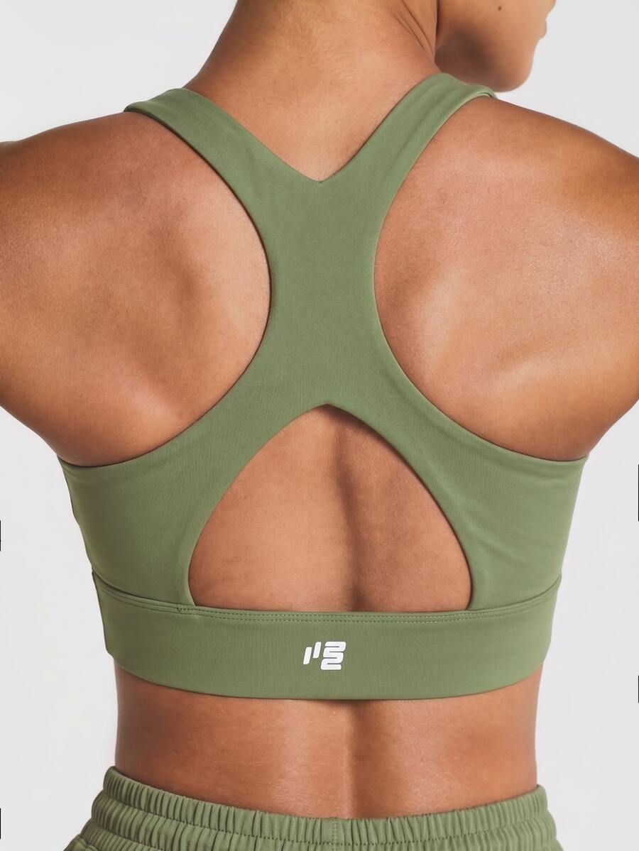 11SKNDS Racerback Sports Bra With Cut-Out Back Detail Scoop Neckline Padded Cups And Wide Elastic Band Sweat-Wicking, Stretchy, Breathable, Buttery-Soft & Low Impact Support, For Gym Workout Fitness Yoga Pilates Studio Summer, Running, Training & Hy-Rox - Army Green - View 1