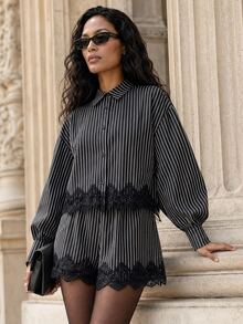 Rouah Women's Office Siren Tailored Set, Striped Long Sleeve Contrast Lace Shirt And Shorts Set - Autumn Set, Summer Set, 2 Piece Set For Vacay, 2 Piece Autumn Set, Smart Casual Set, Tailored Co-Ord, Tailoring Set, Pin Stripe Outfit, Lace Hem Trim Short Set, Officewear, Bach To School, Back To The Office, Work Wear, Office Outfit. Fall Clean Girl Aesthetic. - Blue and White - View 1