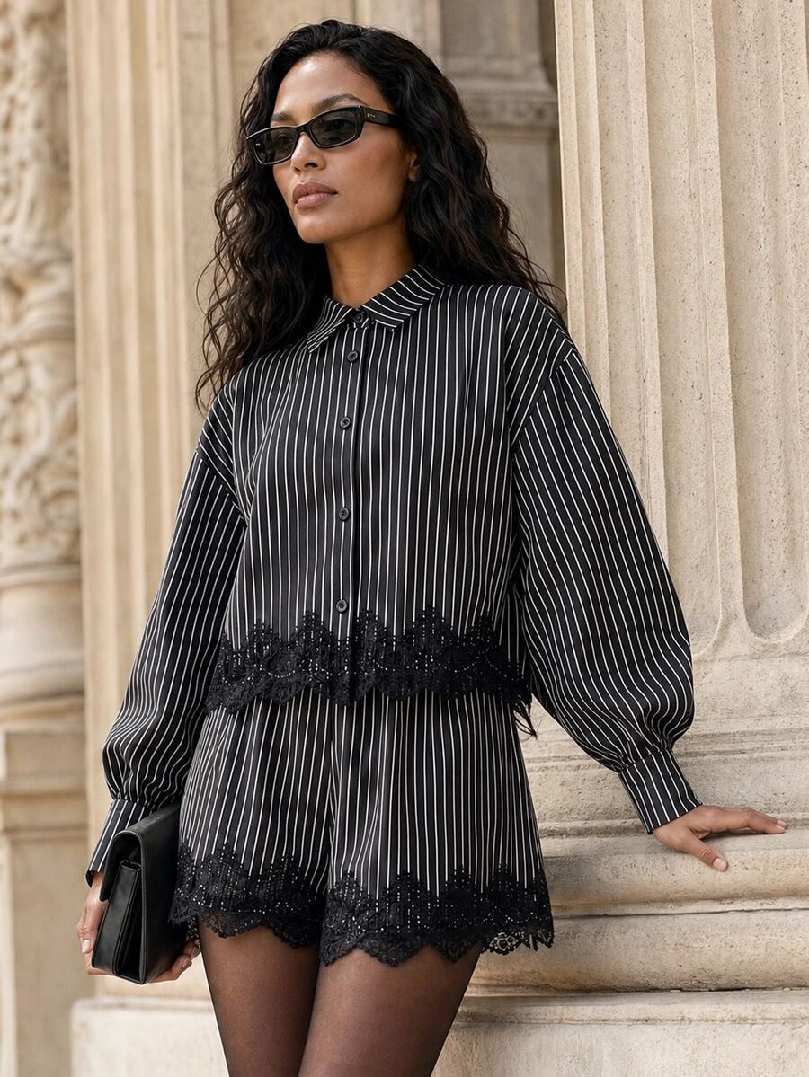Rouah Women's Office Siren Tailored Set, Striped Long Sleeve Contrast Lace Shirt And Shorts Set - Autumn Set, Summer Set, 2 Piece Set For Vacay, 2 Piece Autumn Set, Smart Casual Set, Tailored Co-Ord, Tailoring Set, Pin Stripe Outfit, Lace Hem Trim Short Set, Officewear, Bach To School, Back To The Office, Work Wear, Office Outfit. Fall Clean Girl Aesthetic. - Blue and White - View 1