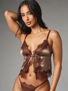 MISSGUIDED Satin Lace Trim Tie Front Cami And Thong Lingerie Set Valentine's Day Bridal Boudoir Two Piece - Chocolate Brown - View 2