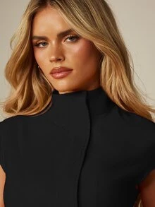 MISSGUIDED Mock Neck Cap Sleeve Fitted Blazer Top With Asymmetric Lapel Detail And Seam Detailing - Black - View 4