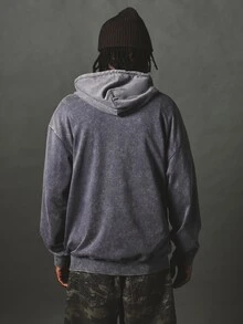 SUMWON Washed Full-Zip Hoodie With Oval Logo Patch, Oversized Long Sleeve Hooded Sweatshirt With Side Pockets And Cream Drawstring - Grey - View 2