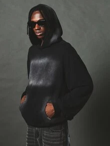SUMWON Oversized Washed Effect Pullover Hoodie With Centre Pocket Relaxed Fit Casual Fleece Top Fall Winter - Black - View 4
