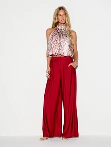 KIZN Satin Wide Leg Palazzo Pants High Rise Pleated Dress Trousers Holiday Party Evening Formal Full Length Side Pockets - Red - View 3