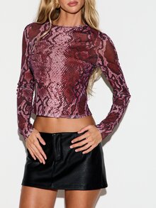 KIZN Crop Top Jala Motif Ular Lengan Panjang Leher Bulat Potongan Ramping Semi Transparan Gaya Pesta Malam Hari Festival Musim Semi Musim Panas - Burgundy - View 4