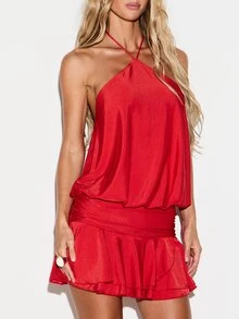 KIZN Halter Neck Mini Dress With Ruched Waist Tiered Ruffle Hem Blouson Top Satin Finish Tie Back Party Summer Holiday - Red - View 3