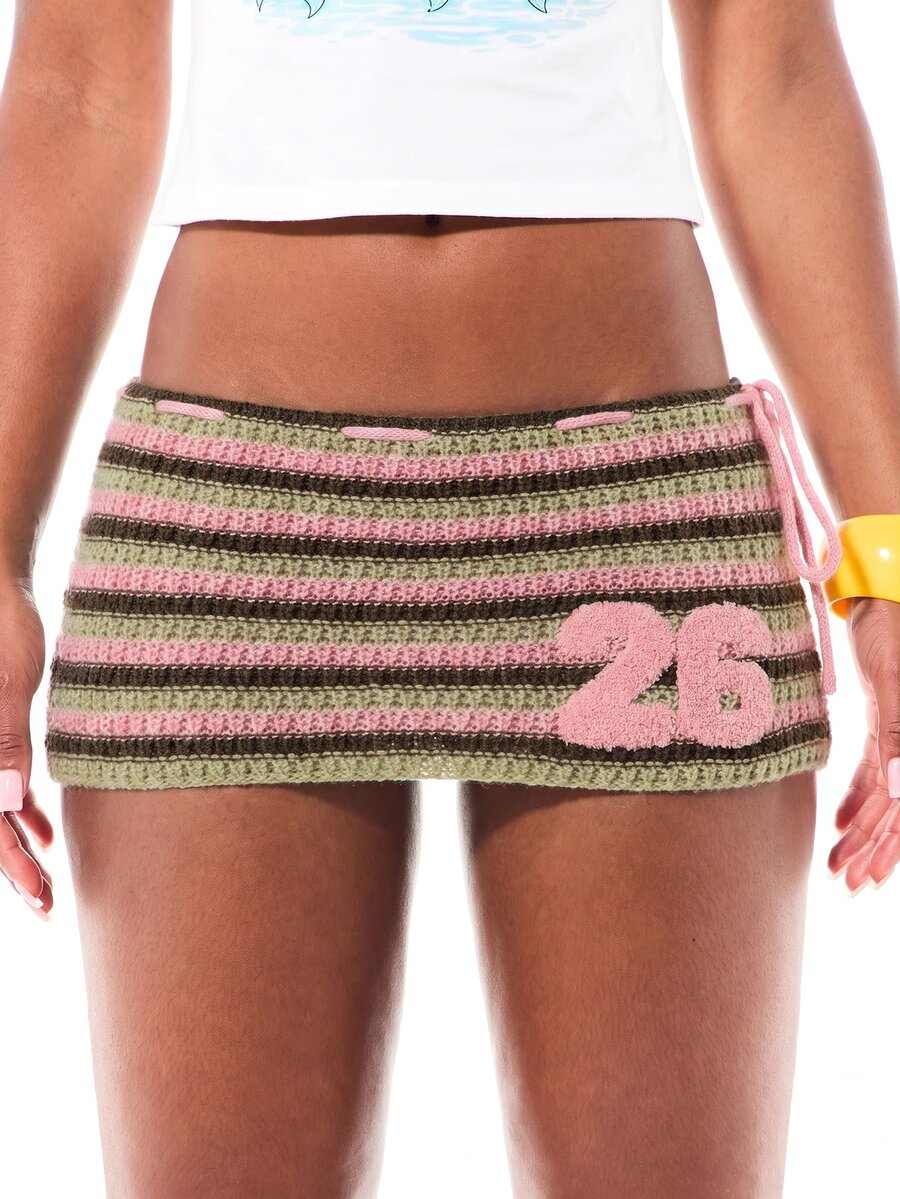 SUMWON WOMEN Crochet Knit Mini Skirt With Number 26 Applique Striped Low Rise Tie Waist Holiday Beach Party - Army Green - View 1