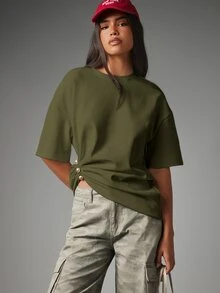 MISSGUIDED Oversized Boxy T-Shirt With Gold Button Ruched Hem Detail Round Neck Short Sleeve Casual Relaxed Fit Top - Army Green - View 5