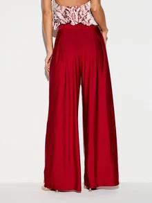 KIZN Satin Wide Leg Palazzo Pants High Rise Pleated Dress Trousers Holiday Party Evening Formal Full Length Side Pockets - Red - View 2
