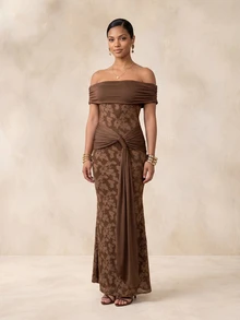 QUIZ Brown Bardot Off Shoulder Ruched Waist Tie Detail Maxi Dress, Elegant Long Dress, Wedding Guest Dress Women, Vacation Outfits Women, Holiday Dress, Resort Travel Dress, Summer Dresses For Women - Coffee - View 8