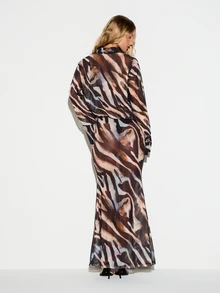 KIZN Abstract Watercolor Animal Print Chiffon Dress Long Sleeve Collared Button Front Elastic Waist Summer Evening Party Gown - Multicolor - View 2