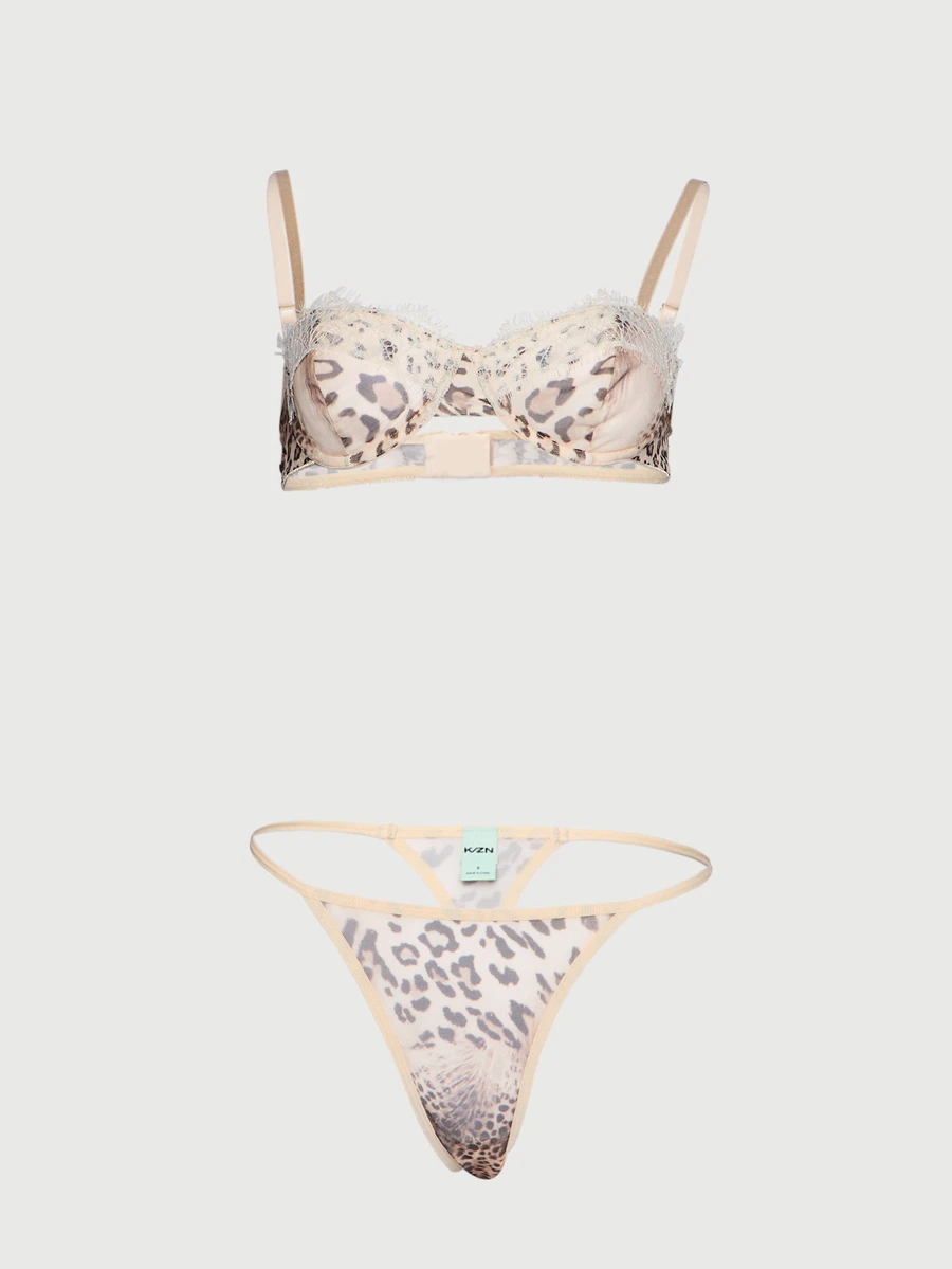 KIZN Leopard Print Balconette Bra And Thong Lingerie Set With Lace Trim Detail And Adjustable Straps Valentine's Day Intimate Gift - Multicolor - View 1
