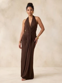 QUIZ Chocolate Brown Halter Neck Drape Ruched Bodycon Maxi Dress, Long Dress, Dresses For Women, Wedding Guest Dress Women, Wedding Guest Dress, Special Occasion Formal Dress, Summer Dress, Summer Dresses For Women, Vacation Outfits Women, Holiday Dress - Brown - View 6
