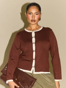 FASHION SZN Plus Size Contrast Tip Detail Cardigan Autumn Winter Fashion Elegant Chic Fall Clothes For Women Curve Knitwear Fall Chic Classy Smart Chocolate Brown Knitwear - Coffee Brown - View 1