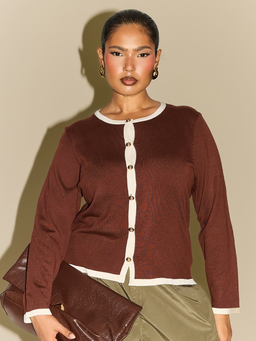 FASHION SZN Plus Size Contrast Tip Detail Cardigan Autumn Winter Fashion Elegant Chic Fall Clothes For Women Curve Knitwear Fall Chic Classy Smart Chocolate Brown Knitwear - Coffee Brown - View 1