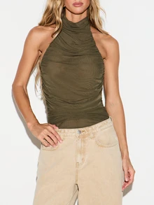 KIZN Ruched Halter Neck Backless Bodysuit Mesh Open Back High Neck Sleeveless Form Fitting One Piece Night Out Party Summer Top - Army Green - View 4