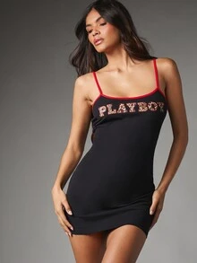 Missguided x Playboy Gaun Mini Bodycon dengan Aplikasi Logo Motif Leopard di Dada dan Trim Kontras Merah, Tali Bahu Tipis, Cocok untuk Pesta Malam Musim Panas - Hitam - View 5