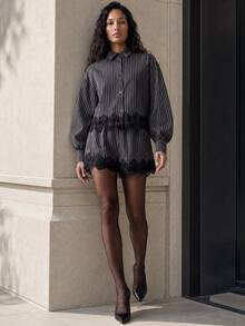 Rouah Women's Office Siren Tailored Set, Striped Long Sleeve Contrast Lace Shirt And Shorts Set - Autumn Set, Summer Set, 2 Piece Set For Vacay, 2 Piece Autumn Set, Smart Casual Set, Tailored Co-Ord, Tailoring Set, Pin Stripe Outfit, Lace Hem Trim Short Set, Officewear, Bach To School, Back To The Office, Work Wear, Office Outfit. Fall Clean Girl Aesthetic. - Blue and White - View 8