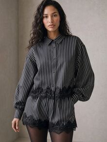 Rouah Women's Office Siren Tailored Set, Striped Long Sleeve Contrast Lace Shirt And Shorts Set - Autumn Set, Summer Set, 2 Piece Set For Vacay, 2 Piece Autumn Set, Smart Casual Set, Tailored Co-Ord, Tailoring Set, Pin Stripe Outfit, Lace Hem Trim Short Set, Officewear, Bach To School, Back To The Office, Work Wear, Office Outfit. Fall Clean Girl Aesthetic. - Blue and White - View 7