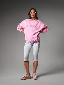 MISSGUIDED Oversized Crew Neck Sweatshirt With Chain Stitch Logo Embroidery Long Sleeve Casual Pullover Top - Pink - View 4