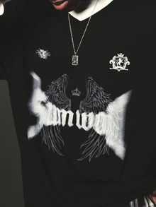 SUMWON Gothic Wings Crown Graphic Boxy Crew Neck Short Sleeve T-Shirt With Heraldic Badge Emblem Print Street Style Drop Shoulder Tee - Black - View 6
