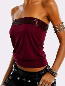 Zerodot Women Burgundy Strapless Sequin Elegant Tube Top Party Going Out Fall Pre Fall - Burgundy - View 7