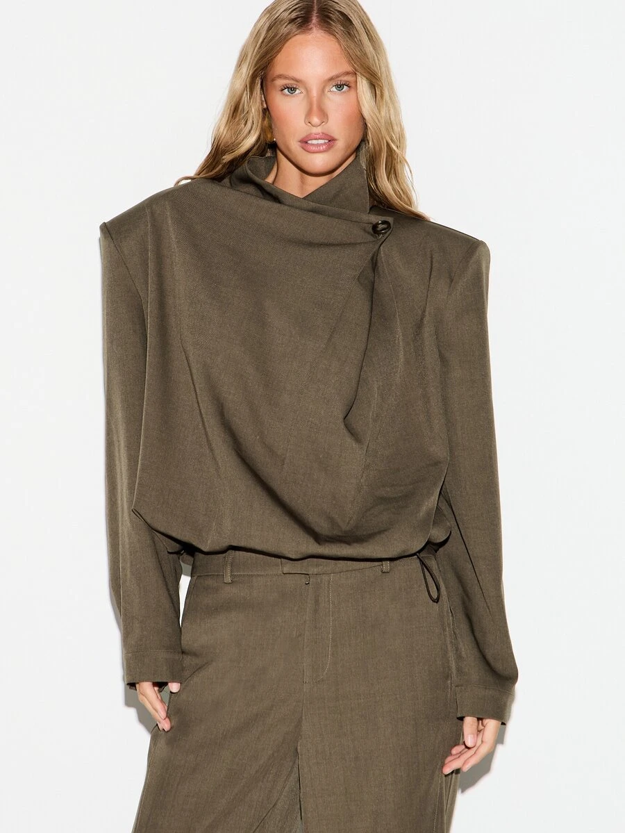 KIZN Oversized Draped Blazer With Asymmetric Wrap Collar And Single Button Closure Structured Shoulder Tailored Jacket For Fall Winter - Coffee Brown - View 1