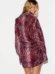 KIZN Snake Print Oversized Mini Shirt Dress With Long Sleeves Collared Neckline And Button Front Closure Summer Party Holiday - Pink - View 2