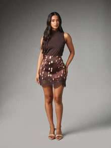 MISSGUIDED Rok Mini Satin dengan Motif Bintik Rusa Abstrak dan Hiasan Renda di Bagian Bawah, Pinggang Tinggi, Bodycon untuk Pesta Malam Hari - MultiWarna - View 4