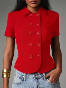 MISSGUIDED Double-Breasted Short Sleeve Blazer Jacket With Spread Collar Structured Fitted Waist Curved Hem Holiday Party - Red - View 2